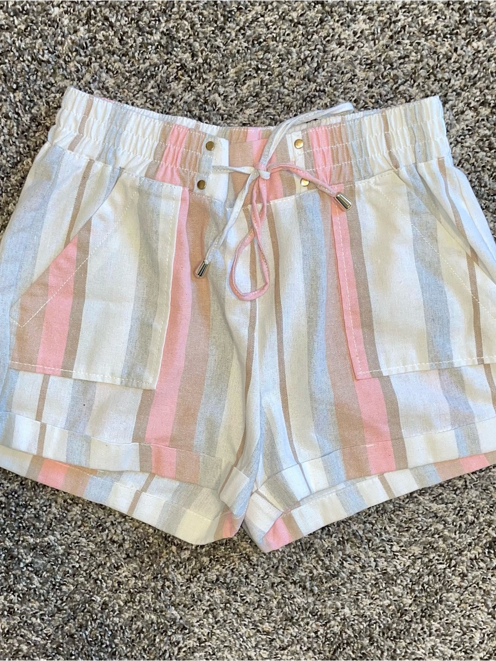 Striped Drawstring Shorts Pink/Tan/White Size Juniors Small